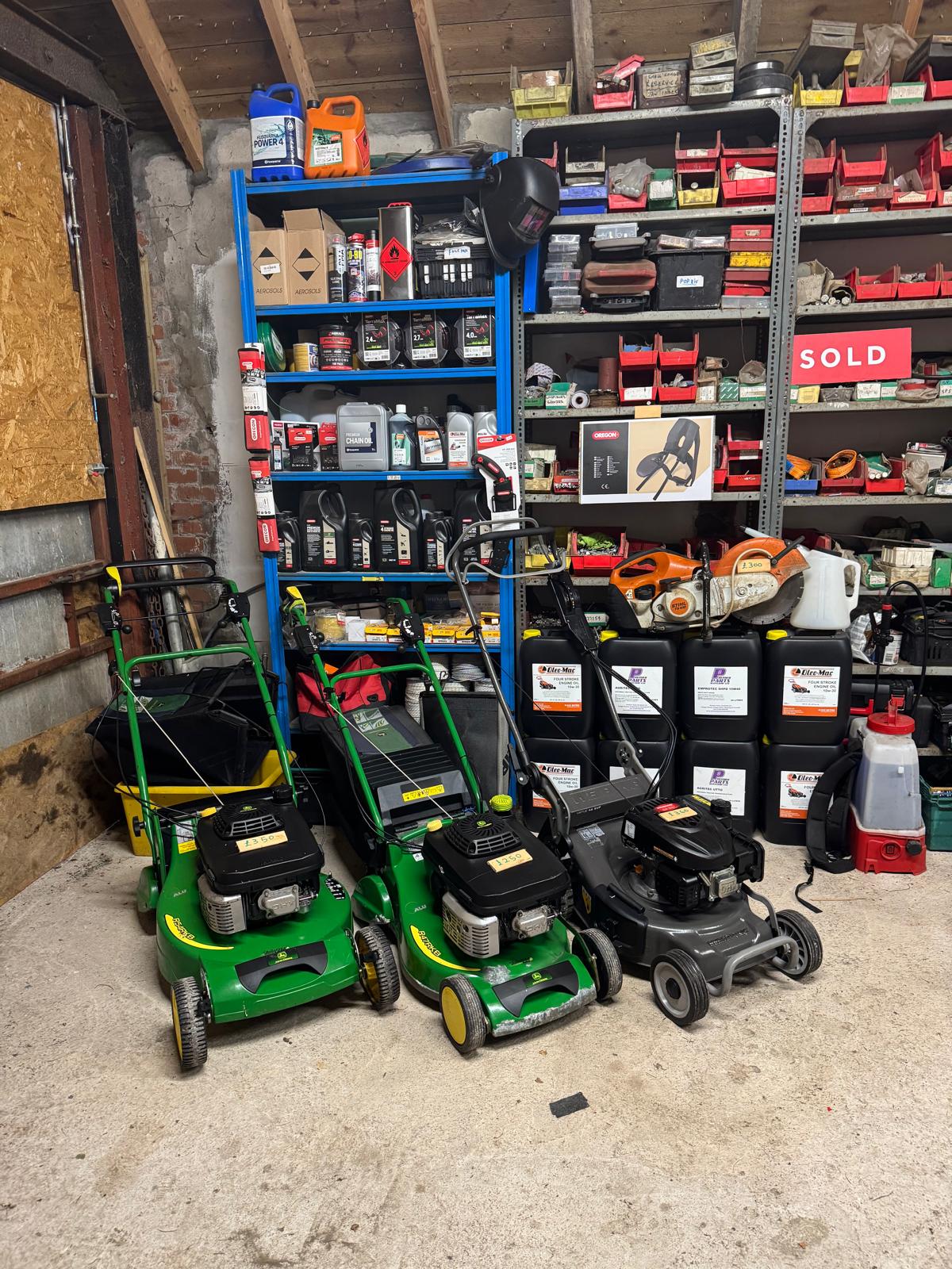 Mowers lined up in the JGM workshop